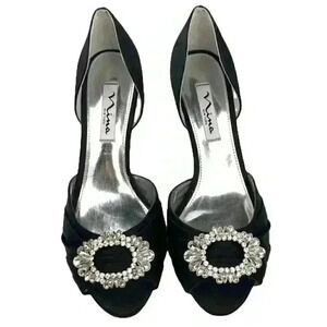 New Nina heels size 7 W 37 black satin gem peep toe formal mother of the bride